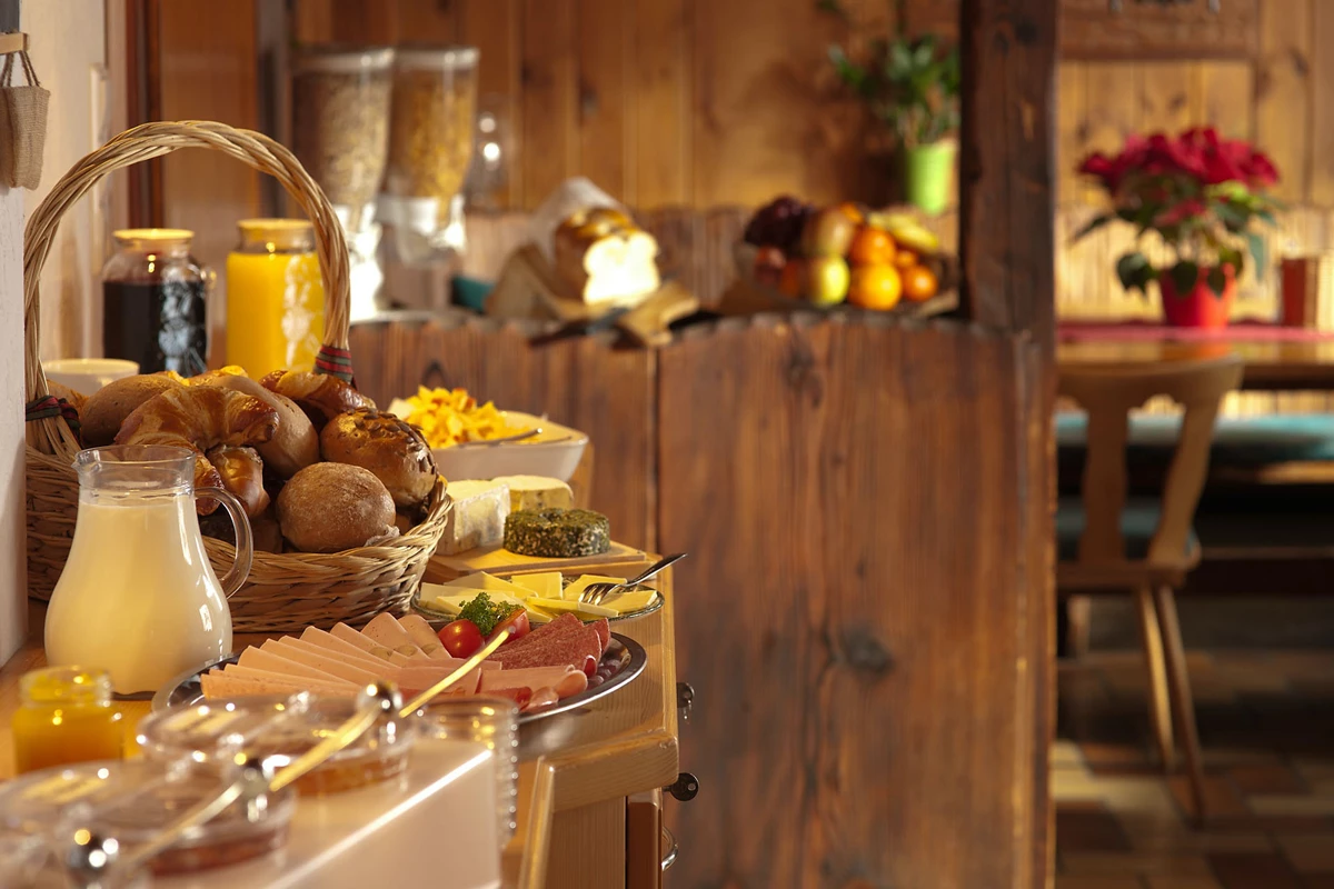 A breakfast buffet set-up in a hotel restaurant