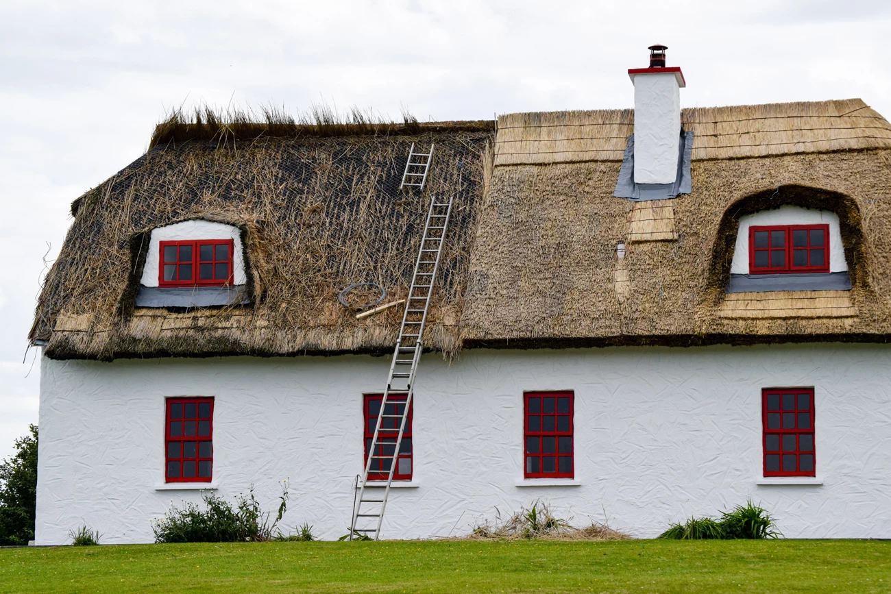 A thatched roof being repaired on an old house