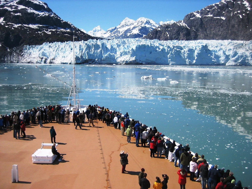 A view of a large glacier from a cruise ship at Glacier Bay, Alaska