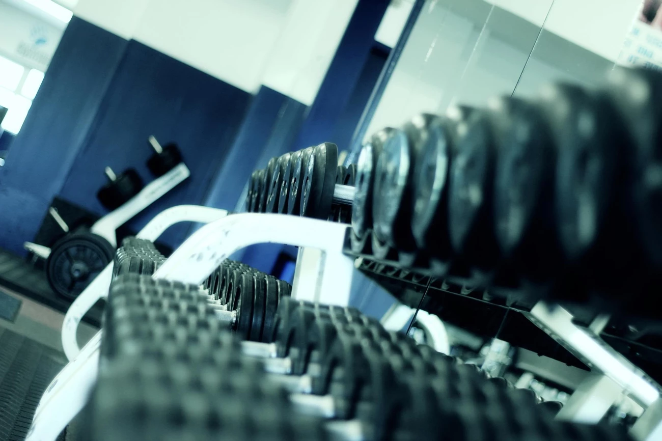 A rack of dumbbells in a gym