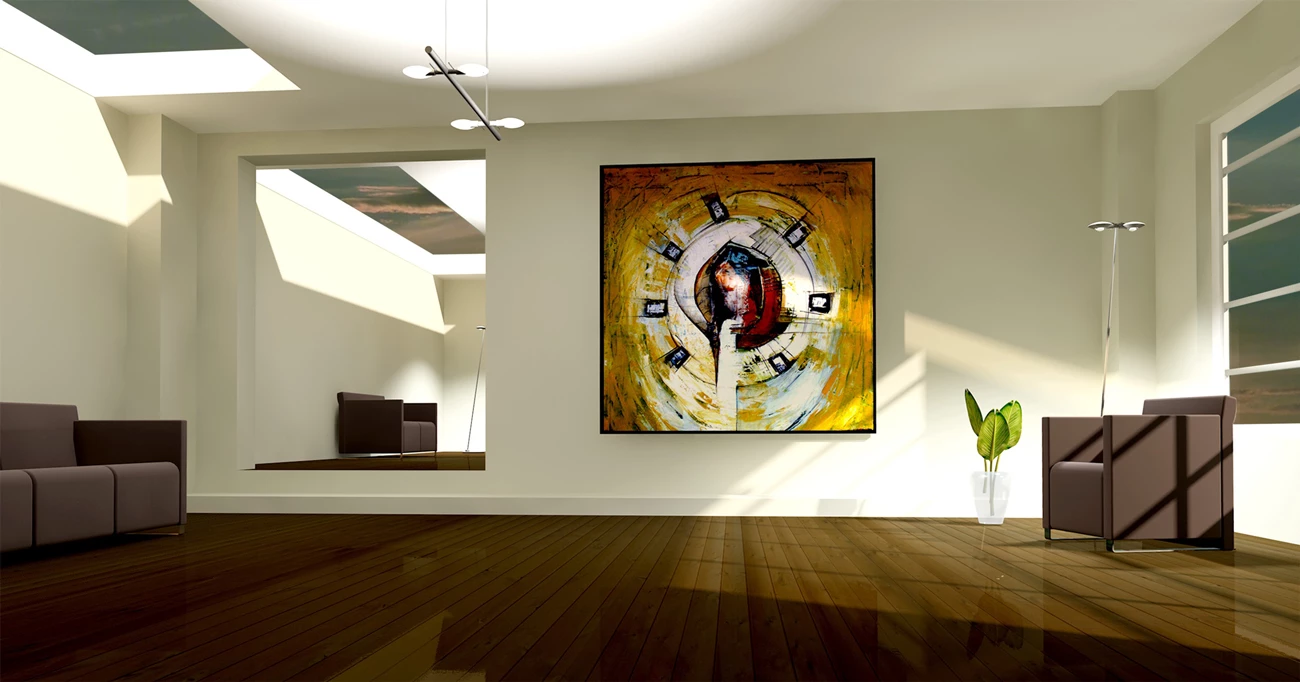 A contemporary living room with fine art on the wall