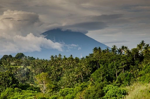 A view across a rainforest in Costa Rica with a towering volcano,shrouded in cloud in the distance 