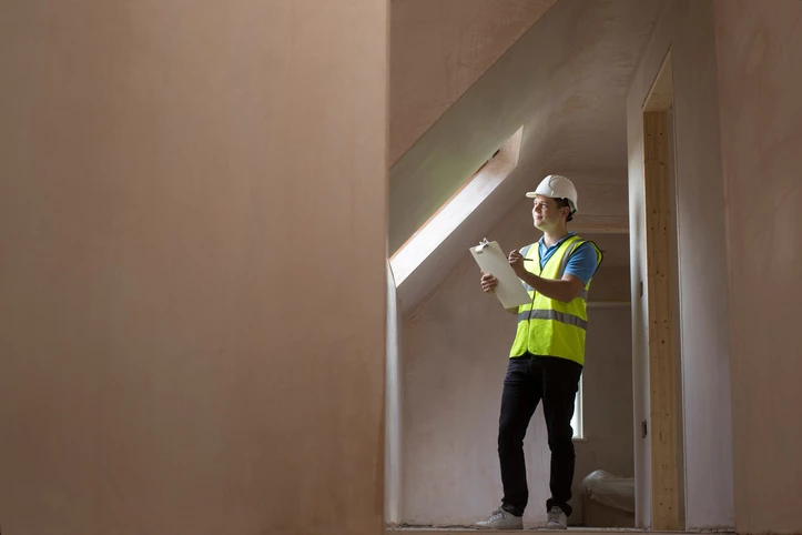 A man in a high-vis vest and hard hat writing on a clip board in the hallway of a house 