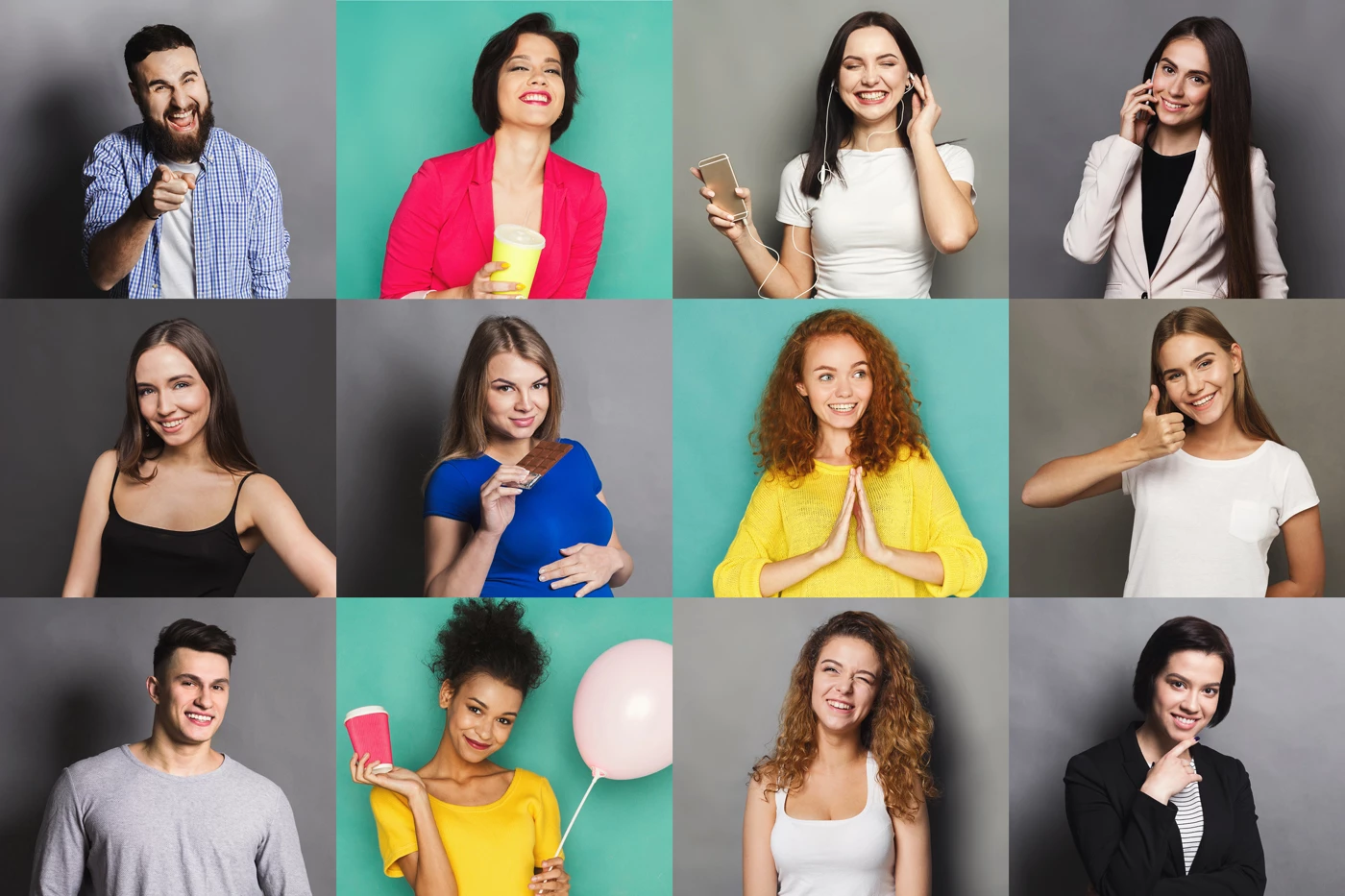 A diverse group of people smiling on a grid with a person on each tile