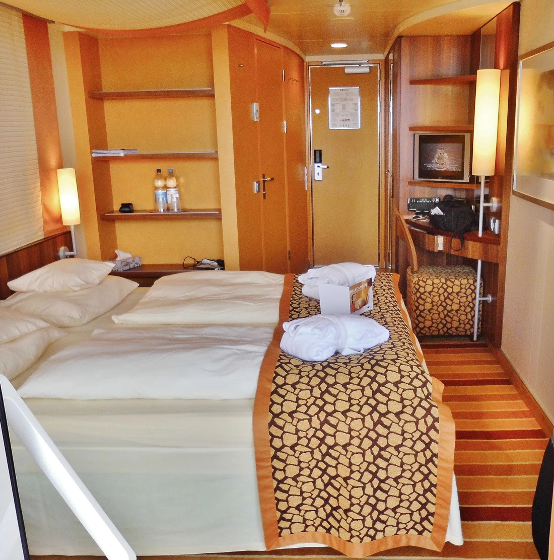 A cabin inside a cruise ship set out ready for a new customer