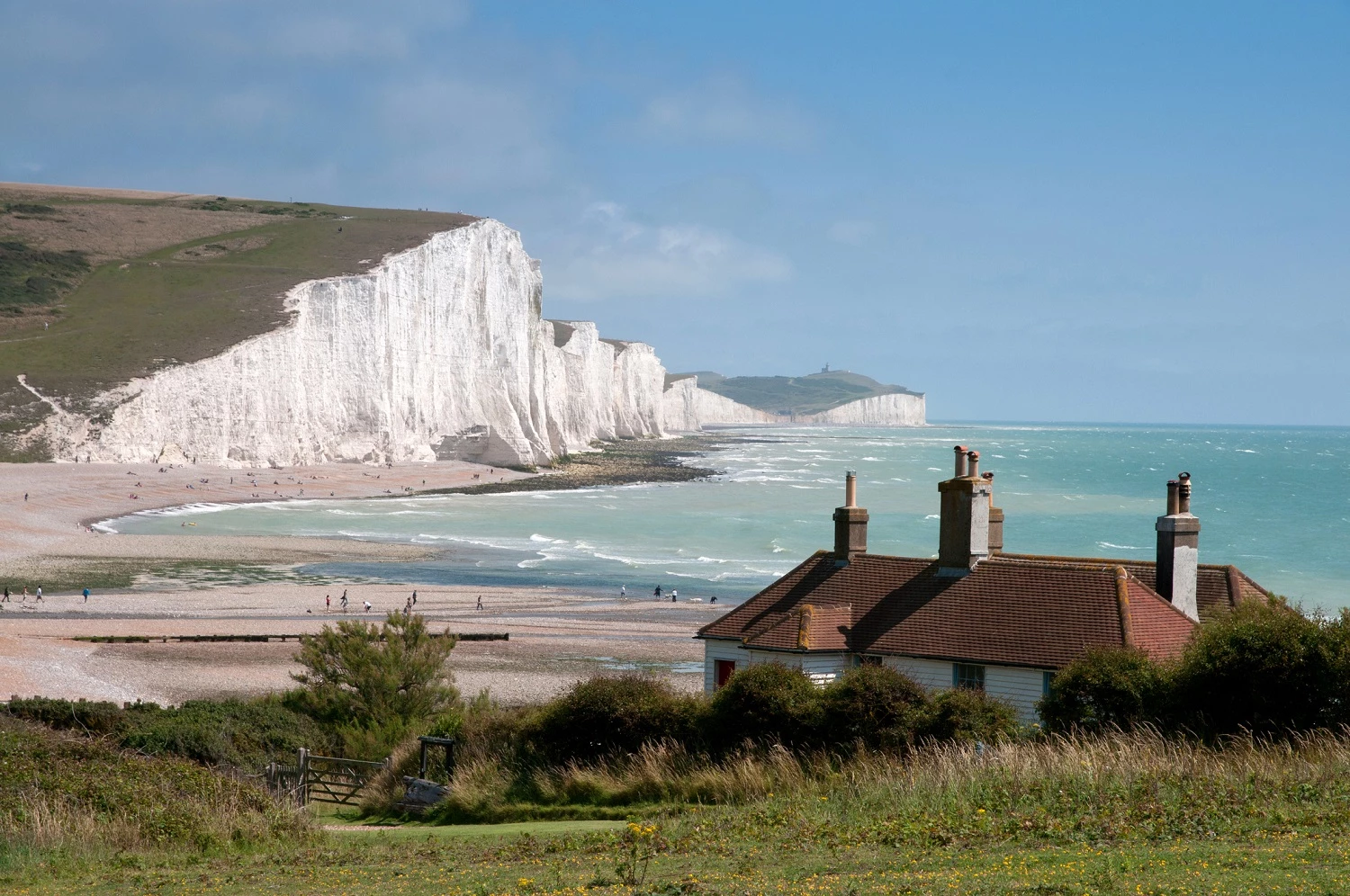 Holiday home on the sea-front with white cliffs behind