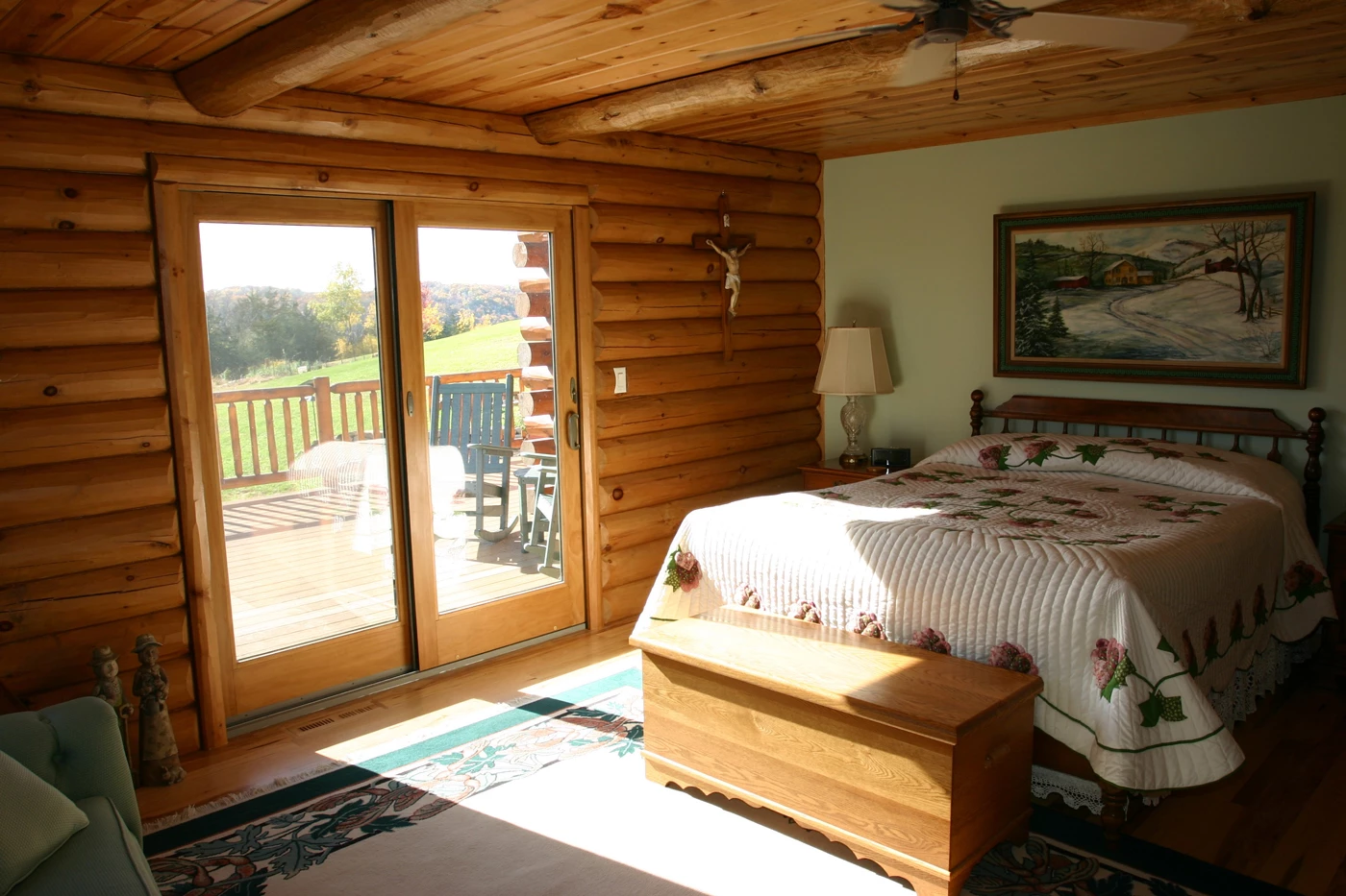 The interior of a luxurious log cabin
