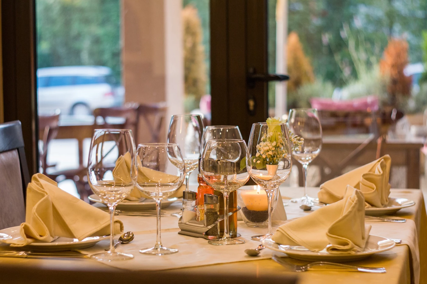 A restaurant table set out nicely ready for customers