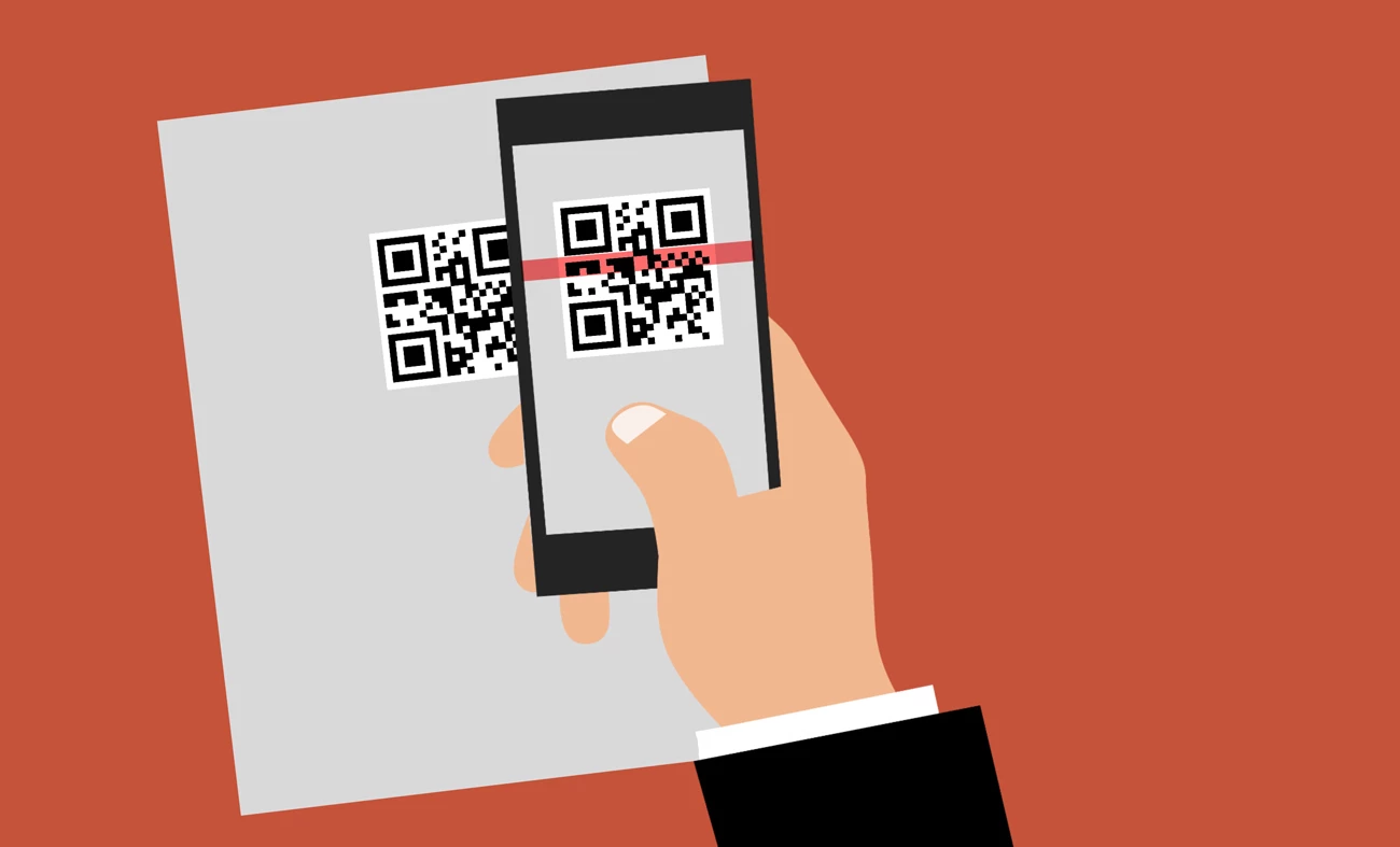 A graphic of a person using their phone to scan a QR code poaster